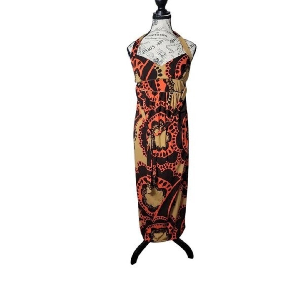 City Triangles Womens M‎ Halter Maxi Dress Brown Orange Geometric Boho Stretch